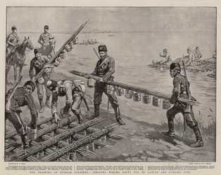 Utbildning av ryska soldater, kosacker som tillverkar flottar av lansar och kokkärl